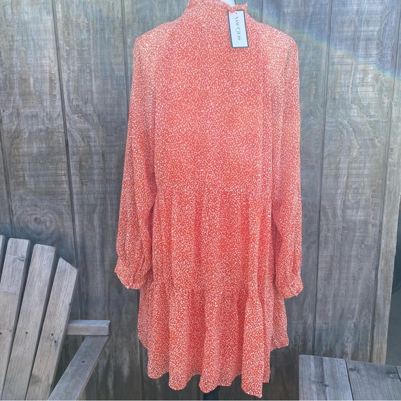 New Sam and Jess Ditzy Floral Orange Dress Sheer Long Button Sleeve Lined Dress - Picture 3 of 10